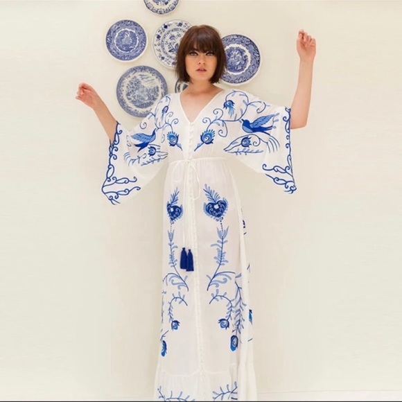 5 Star⭐️Fav Blue Bird Boho Embroidered Hearts Magic Kimono Long Maxi - Picture 1 of 9